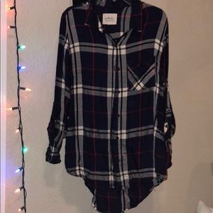 Navy blue plaid button down long sleeve top